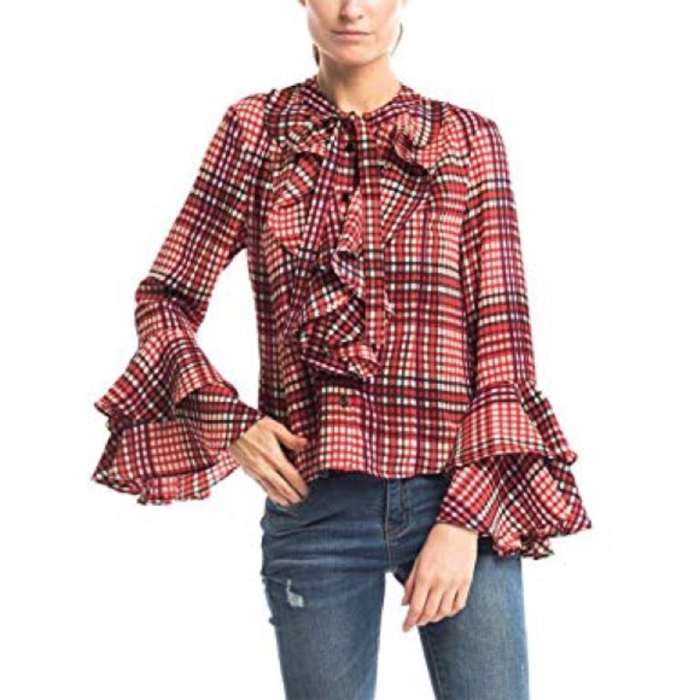 Gracia Check Ruffle Down Blouse